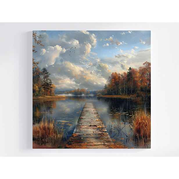 Obraz Na Plátně Plátno Krajina Les Jezero Molo Podzim Mlha 50x50