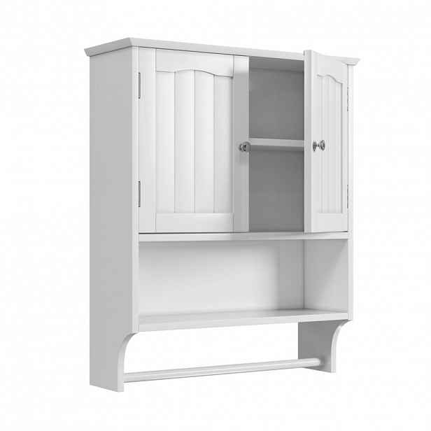 Modfu KOUPELNOVÁ nástěnná skříňka z MDF 56,8x19x70 cm bílá s nastavitelnými policemi, otevřenou přihrádkou a držákem na ručník