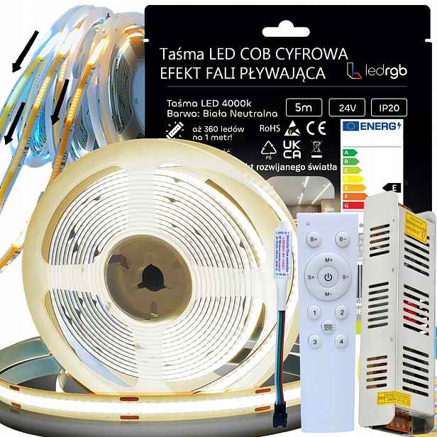 Set Led Páska 5 m Bílá 4000K Digitální Plovoucí Digitální Dálkový Ovladač Napájecí Adaptér 24