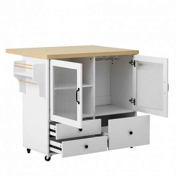 Modfu KUCHYŇSKÝ ostrůvek z MDF 100x42-70x91,5 cm bílý/přírodní na kolečkách s výklopnou deskou, úložným prostorem a držákem na sklenice