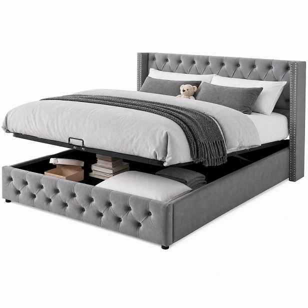 CHICFURN ČALOUNĚNÁ POSTEL 140/200 cm v šedé barvě ze sametu s úložným prostorem