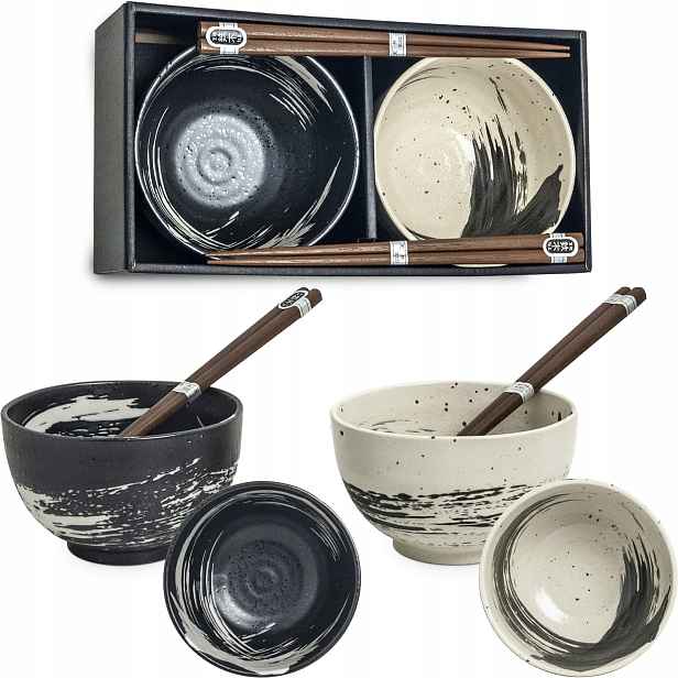Sada orientálních misek 13 cm s paličkami, černobílá, na polévku Edo Japan