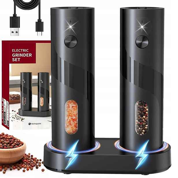 2X Elektrický Mlýnek Na Sůl A Pepř, Nastavitelný, Podstavec, Sada