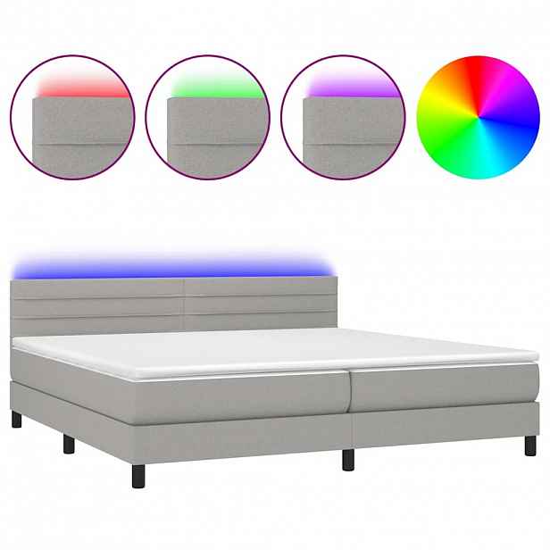 vidaXL Box spring postel s matrací a LED světle šedá 200x200 cm textil