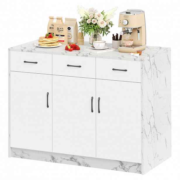 Modfu KUCHYŇSKÝ ostrůvek z MDF 120x60x90,5 cm bílý v dekoru bílého mramoru s barovým prostorem, 3 zásuvkami a 3 dvířky