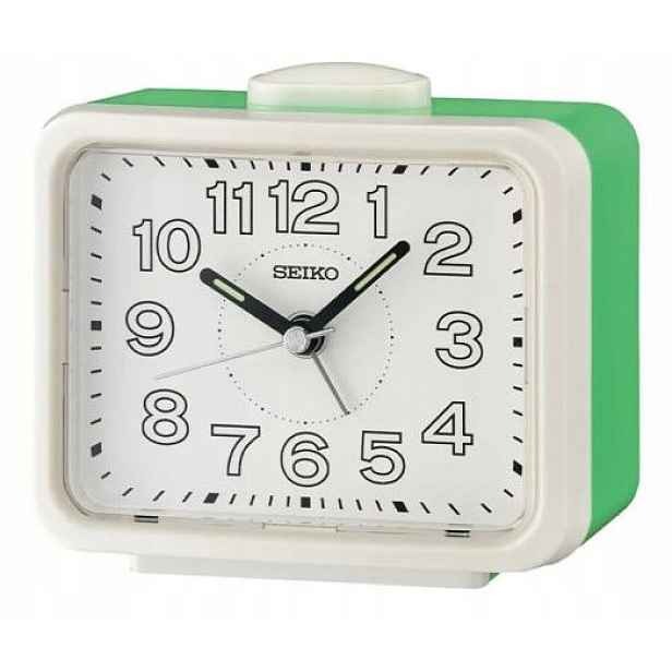 Bílý Zelený Budík Seiko QHK061W Hlasitý Alarm Tichý Mechanismus 11x8,5 cm