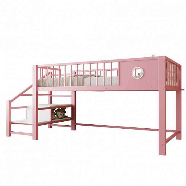 CHICFURN VYVÝŠENÁ POSTEL 90/200 cm v růžové barvě s úložným prostorem a kovovým rámem