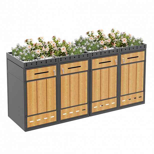 Modfu BOX na popelnice z oceli 264x80x124 cm šedá v dekoru dřeva pro 4 nádoby 120-240 l se zamykáním