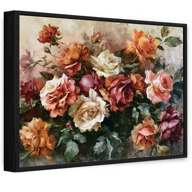 Obraz V Černém Rámu Na Plátně Květiny Růže Vintage Obývací Pokoj Ložnice 100x70