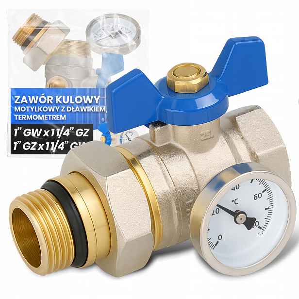 Kulový kohout 1''x1 1/4'' s teploměrem pomocí šroubu Dlawikiem Odolný F Fu-t