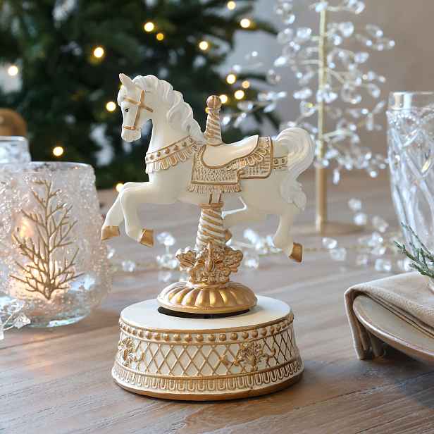 Krémová sntik hudební skříňka Noël s koníkem  – 12*11*17,5 cm Chic Antique