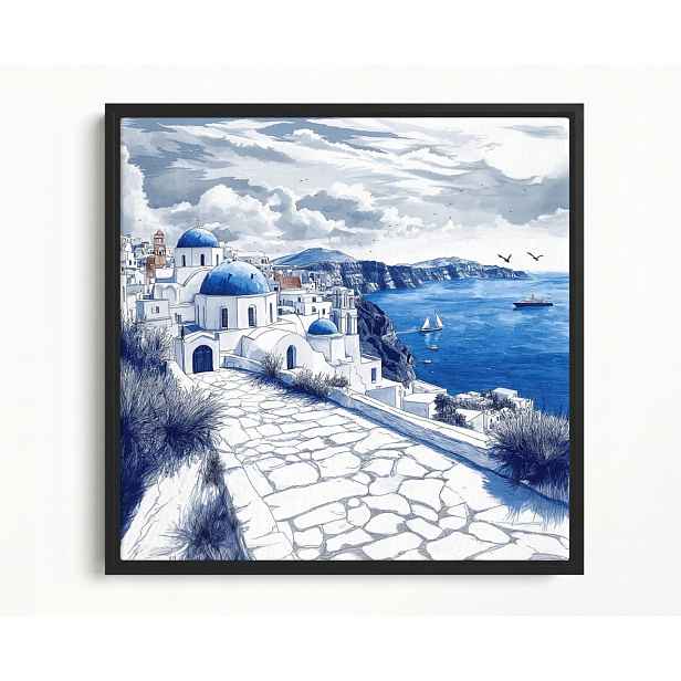 Obraz Rám American Box Řecko Santorini Moře Kostel Modrý 50x50