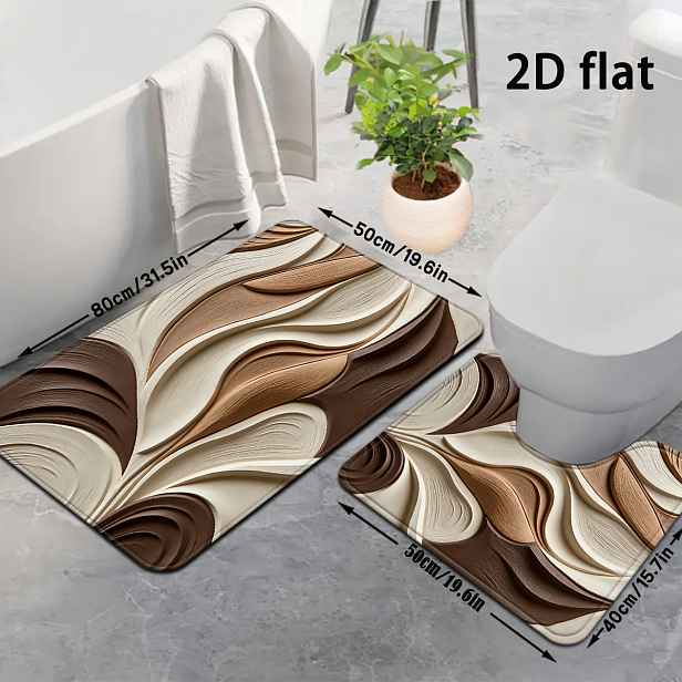 TEMU 2D plochá, 2D plochá, 2D plochá tisk 2ks béžová hnědá elegantní vlnitá koupelnová předložka moderní styl jednoduchý styl koupelnová předložka