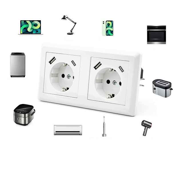 Dvoucestná nástěnná zásuvka s Usb portem a nabíječkou typu C