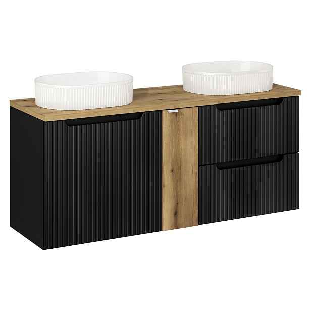 Comad Závěsná skříňka Nova Black Beyond s deskou a umyvadly 140 cm černá/dub evoke