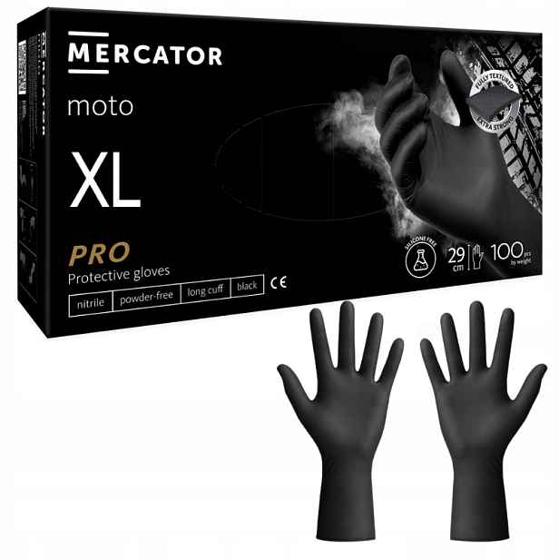 Dílenské rukavice Černé Mercator pro Moto Black odolné 100 ks r.XL
