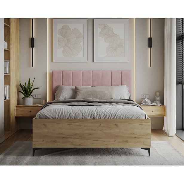 FDM Postel Sierra se zvedacím roštem Trinity pudrově růžová/dub craft, velikost 90x200