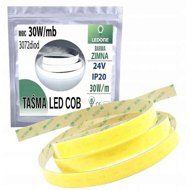 Led Páska Cob 24V výkonná 30W/m 3770lm/m Neon linka Široká studená Cw 5m