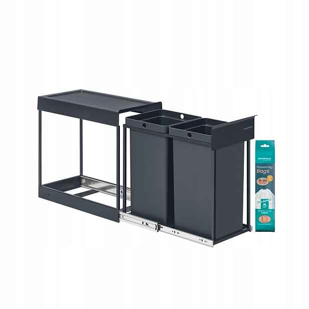 Odpadkový koš Výsuvný na tříděný odpad 2 x 20 L 48.6 x 25.4 x 44 cm, šedý, pevný
