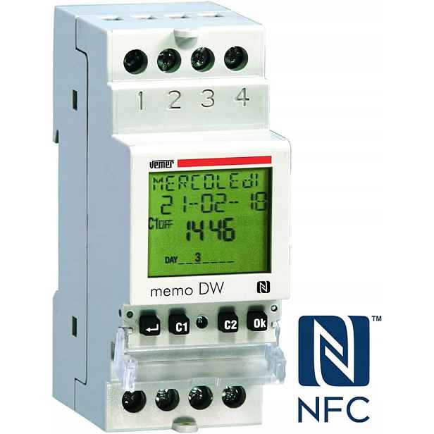 Vemer VE339800 Memo Dw digitální programový časovač Nfc, Din, 1 kanál, bílý