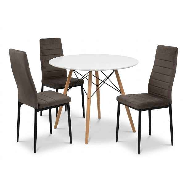 Stůl Kulatý Bílý 80 cm 3 Velurové židle Axell Hnědé