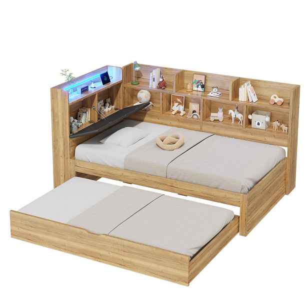 Modfu DĚTSKÁ postel z MDF 90x200 cm přírodní s výsuvným lůžkem, LED osvětlením, USB a úložným prostorem