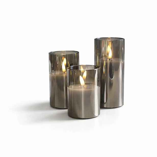 Sada 3 LED svíček ve skle, šedá, Ø 7,5 × 10/12,5/15 cm, s dálkovým ovladačem