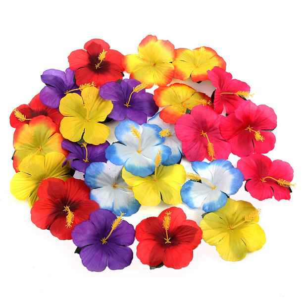 TEMU 24 ks Umělé květy hibiskusů pro havajskou Luau párty dekoraci, stolní dekorace, svatební a tropická tématická dekorace