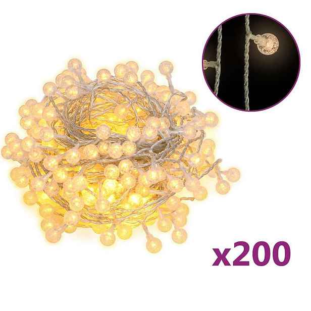 vidaXL Světelný řetěz kulaté žárovky 20 m 200 LED teplý bílý 8 funkcí