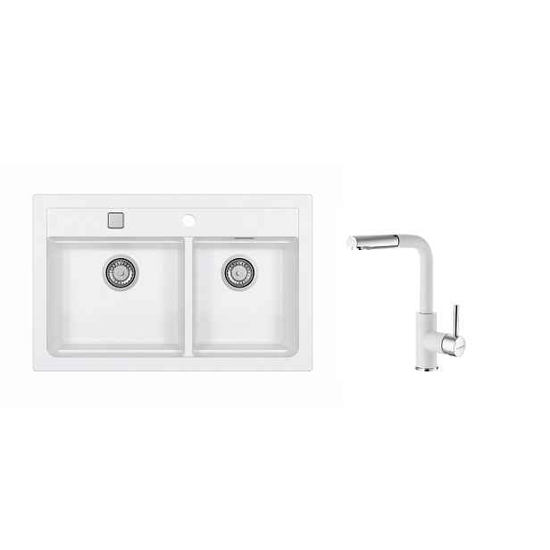 SET ALVEUS ATROX 50/11+ BATERIE SIROS 11 - obdélníkový bílý granitový dvoudřez 790x500x200 mm v setu s baterií