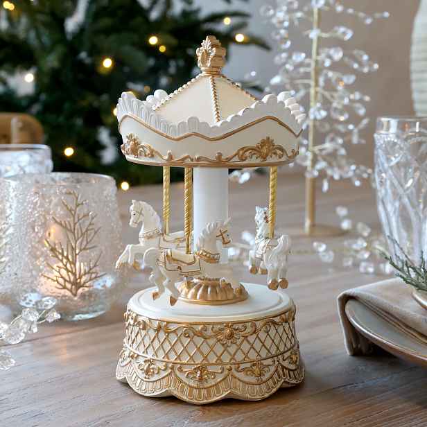 Krémová antik hudební skříňka Noël kolotoč s koníky – Ø 13*23 cm Chic Antique