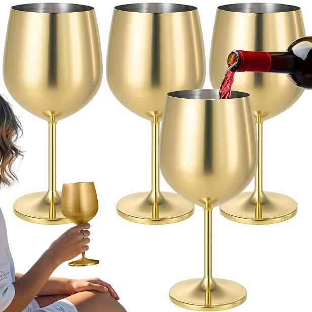 4 Ks 500ML Skleničky Na Víno Matné Zlaté Ocelové Kovové Nerozbitné Komplet