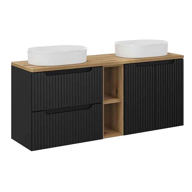 Comad Závěsná skříňka Nova Black s deskou a umyvadly 140 cm černá/dub evoke