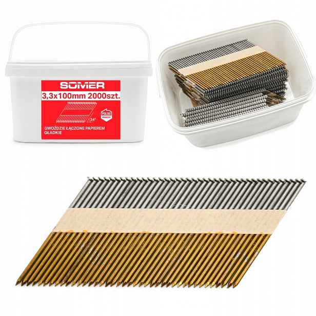 Hřebíky spojované papírem 34° Hladké 3,3x100mm G 2000 ks páskované