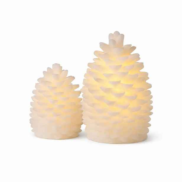 Sada 2 LED svíček z pravého vosku na baterie, šišky, ø10 ×13 cm a ø 14 × 18,5 cm, bílé, CR2032 a AA