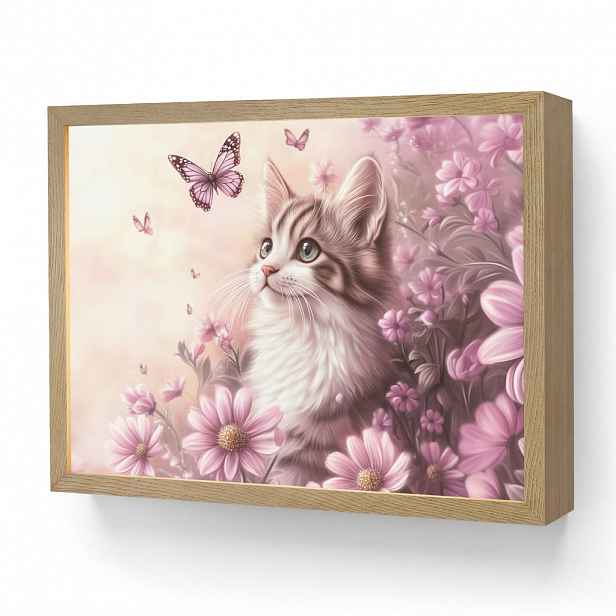 OnlyWow NÁSTĚNNÁ LAMPA S AKUMULÁTOREM Koťátko - Květiny - Motýli - Fialová 40x30 cm
