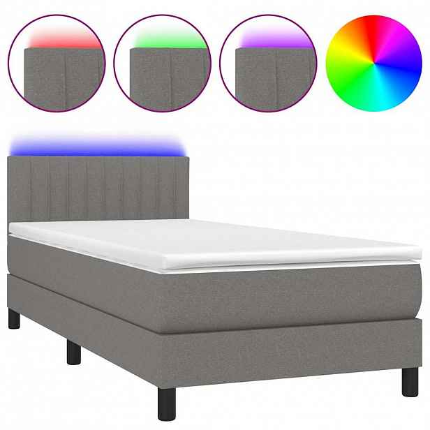 vidaXL Box spring postel s matrací a LED tmavě šedá 90x190 cm textil