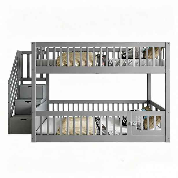 CHICFURN PATROVÁ POSTEL 140/200 cm v šedé barvě se schůdky se zásuvkami