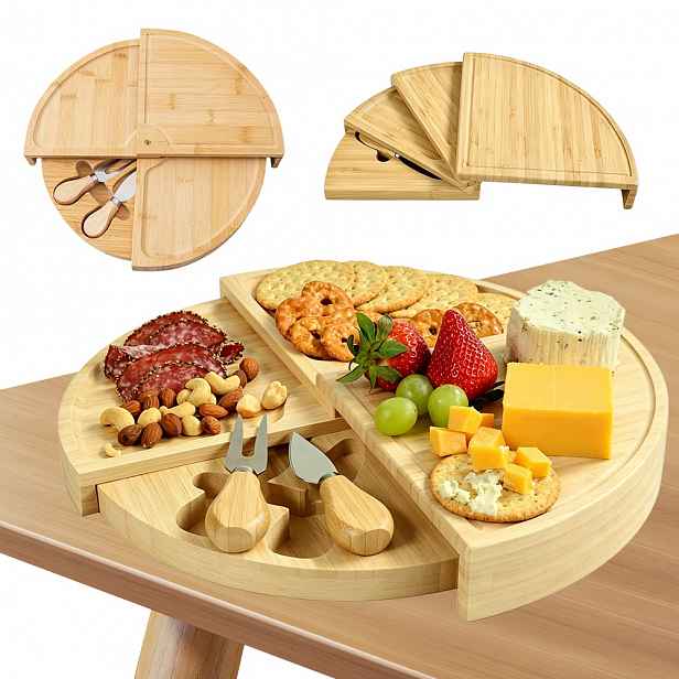 Přenosné Kulatý Prkénko Na Sýry A Občerstvení Bambusové Se 2 Noži 35 CM