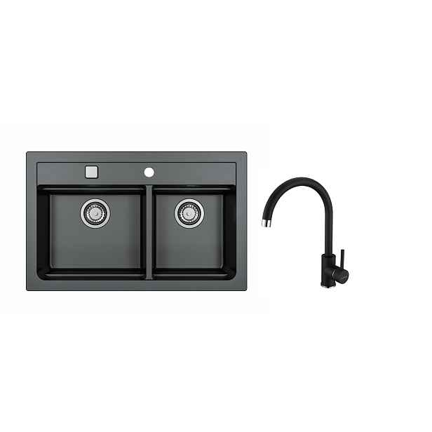 SET ALVEUS ATROX 50/91+ BATERIE ROXA 91 - obdélníkový černý granitový dvoudřez 790x500x200 mm v setu s baterií