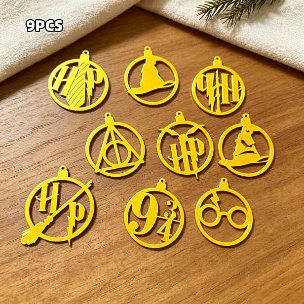 TEMU 9 ks/Wb Dekorace ze série Harry Potter, zábavné designy, svatých relikvií Harryho Pottera, klobouk pro třídění a další prvky, vhodné pro Vánoce,