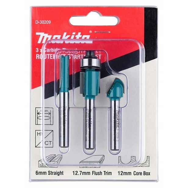 sada 3ks fréz Hm/ct pro frézku, stopka 6 mm, Makita [D-30209]