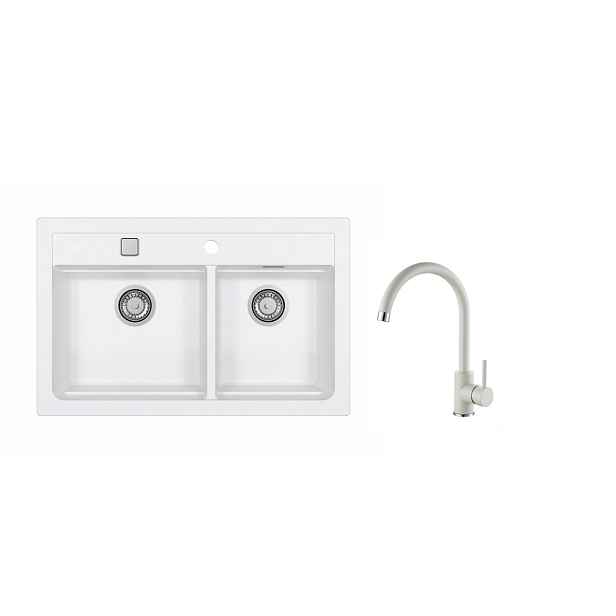 SET ALVEUS ATROX 50/11+ BATERIE ROXA 11 - obdélníkový bílý granitový dvoudřez 790x500x200 mm v setu s baterií