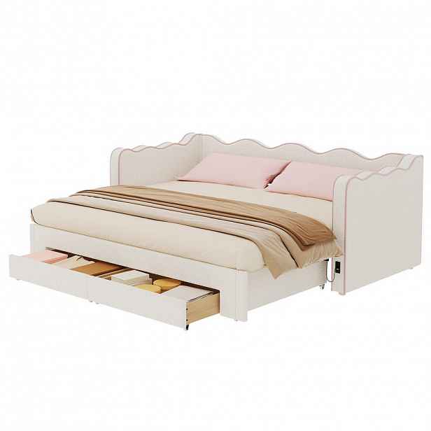 CHICFURN ROZKLÁDACÍ POHOVKA 90/200 cm v béžové barvě s úložnými zásuvkami, USB a Type-C z bouclé