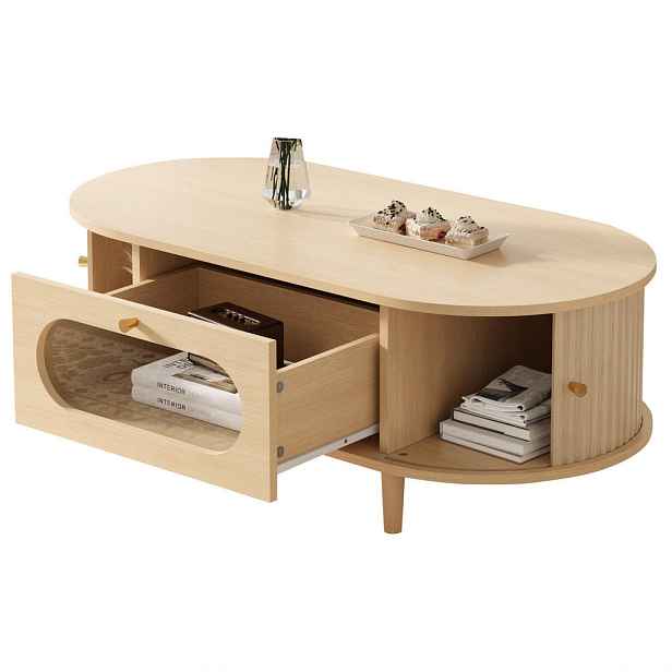 Modfu KONFERENČNÍ stolek z MDF 100x50x36 cm dubová barva se zásuvkou, roletovými dvířky a skleněným čelem
