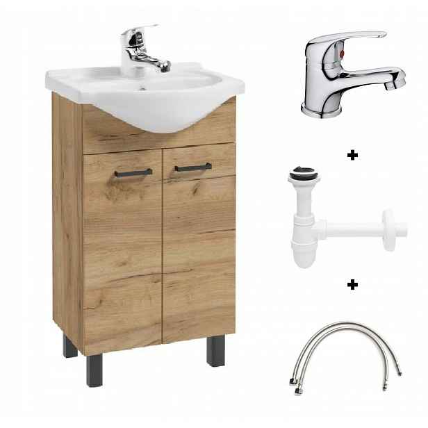 Sada koupelnové skříňky s umyvadlem a baterií a sifonem 85x50 cm dub craft