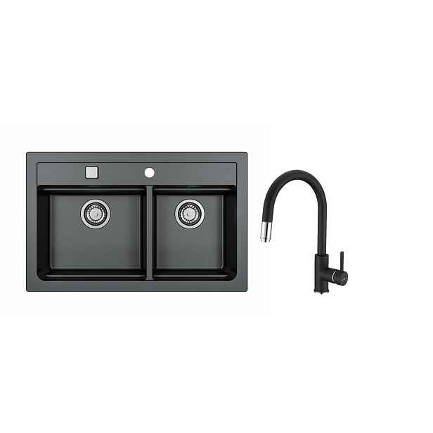 SET ALVEUS ATROX 50/91+ BATERIE DELOS 91 - obdélníkový černý granitový dvoudřez 790x500x200 mm v setu s baterií