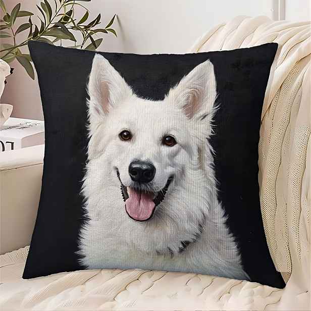 TEMU 2D plochý design - 2D tištěný rozměrech 45,72 x 45,72 cm, s bílým švýcarským ovčákem, vyrobený z krátkého plyšu na jedné straně, vhodný pro
