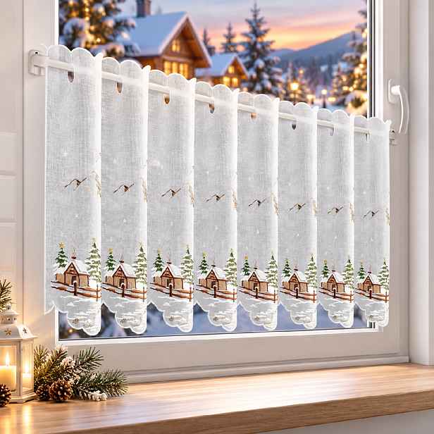 Vánoční hotová vitrážová záclona SNOW 145x70 cm