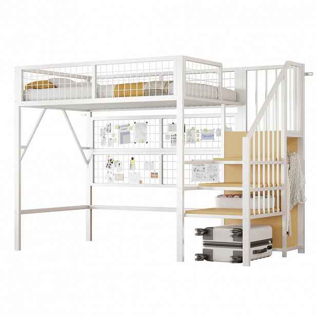 CHICFURN VYVÝŠENÁ POSTEL 90/200 cm v bílé barvě s LED osvětlením, schody a úložným prostorem